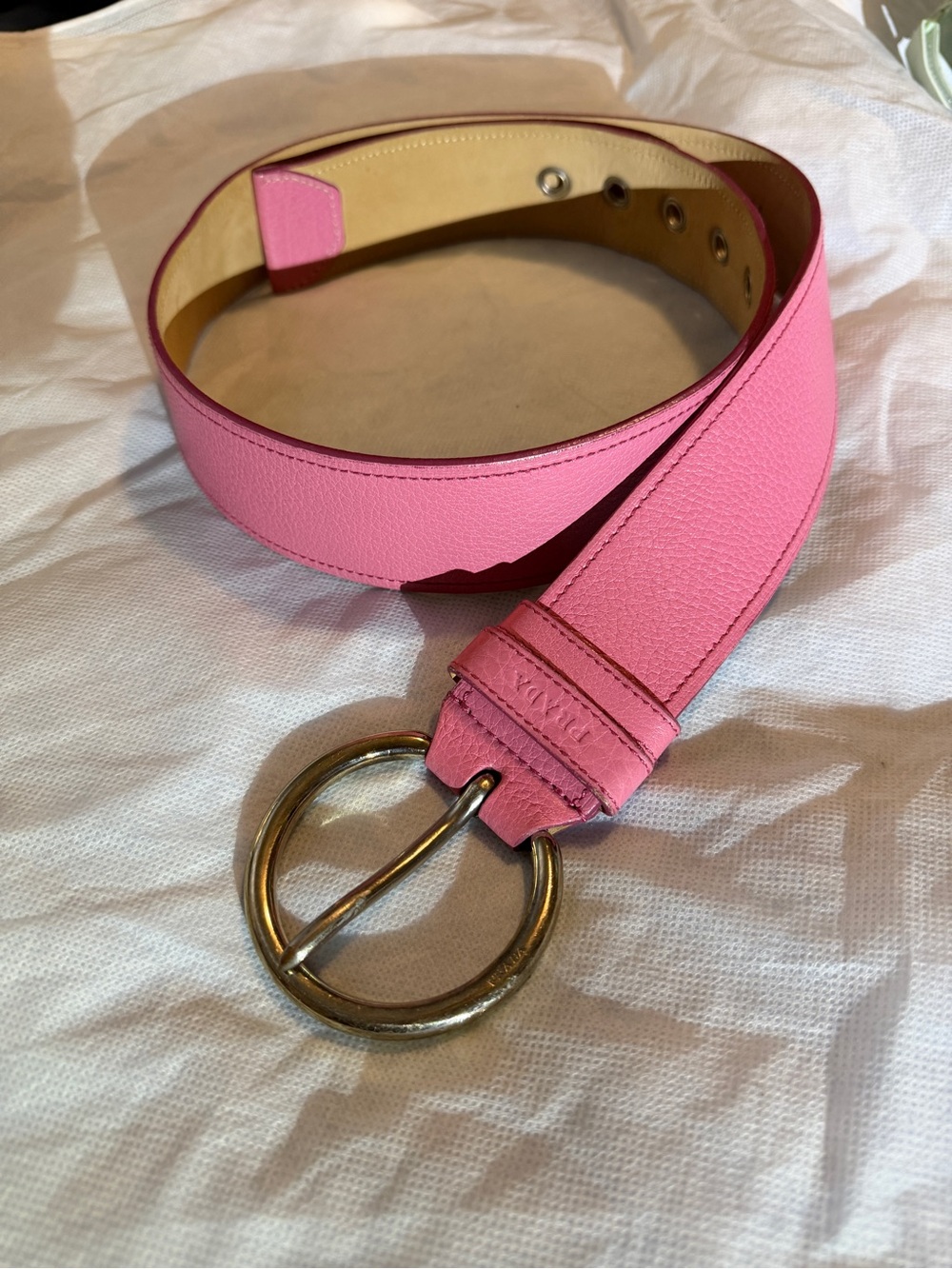 Prada Pink Pebbled Leather Belt with Silver Round Buckle